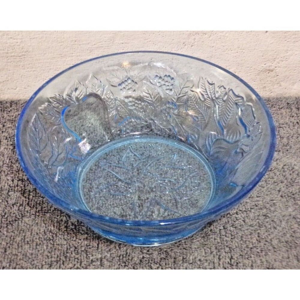Vintage KIG Indonesia Light Blue Pressed Glass Serving Bowl w/Fruit Design